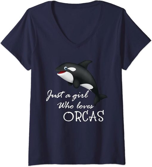 Womens Just A Girl Who Loves Orcas Killer Whales Gift Woman & Girls V-Neck T-Shirt