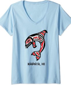 Womens Kapa"a HI Native Aboriginal Orca Killer Whales V-Neck T-Shirt