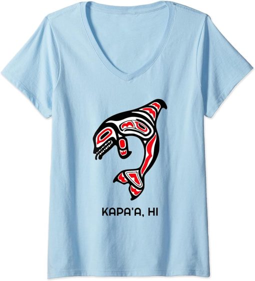 Womens Kapa"a HI Native Aboriginal Orca Killer Whales V-Neck T-Shirt