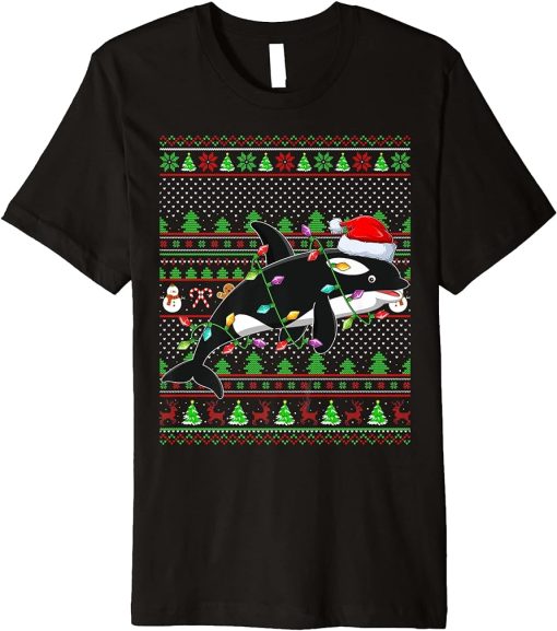 Ugly Xmas Sweater Style Lighting Orca Fish Christmas Premium T-Shirt