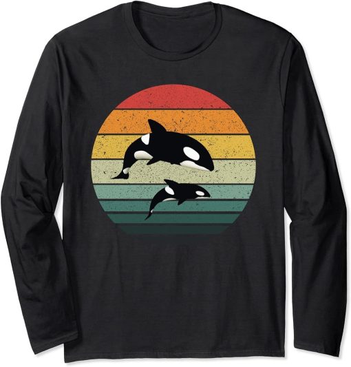 Orca Family Vintage Retro Art, Killer Whale Family Long Sleeve T-Shirt