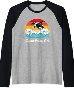 Vintage Dana Point CA Distressed Orca Killer Whale Art Raglan Baseball Tee