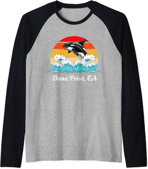 Vintage Dana Point CA Distressed Orca Killer Whale Art Raglan Baseball Tee